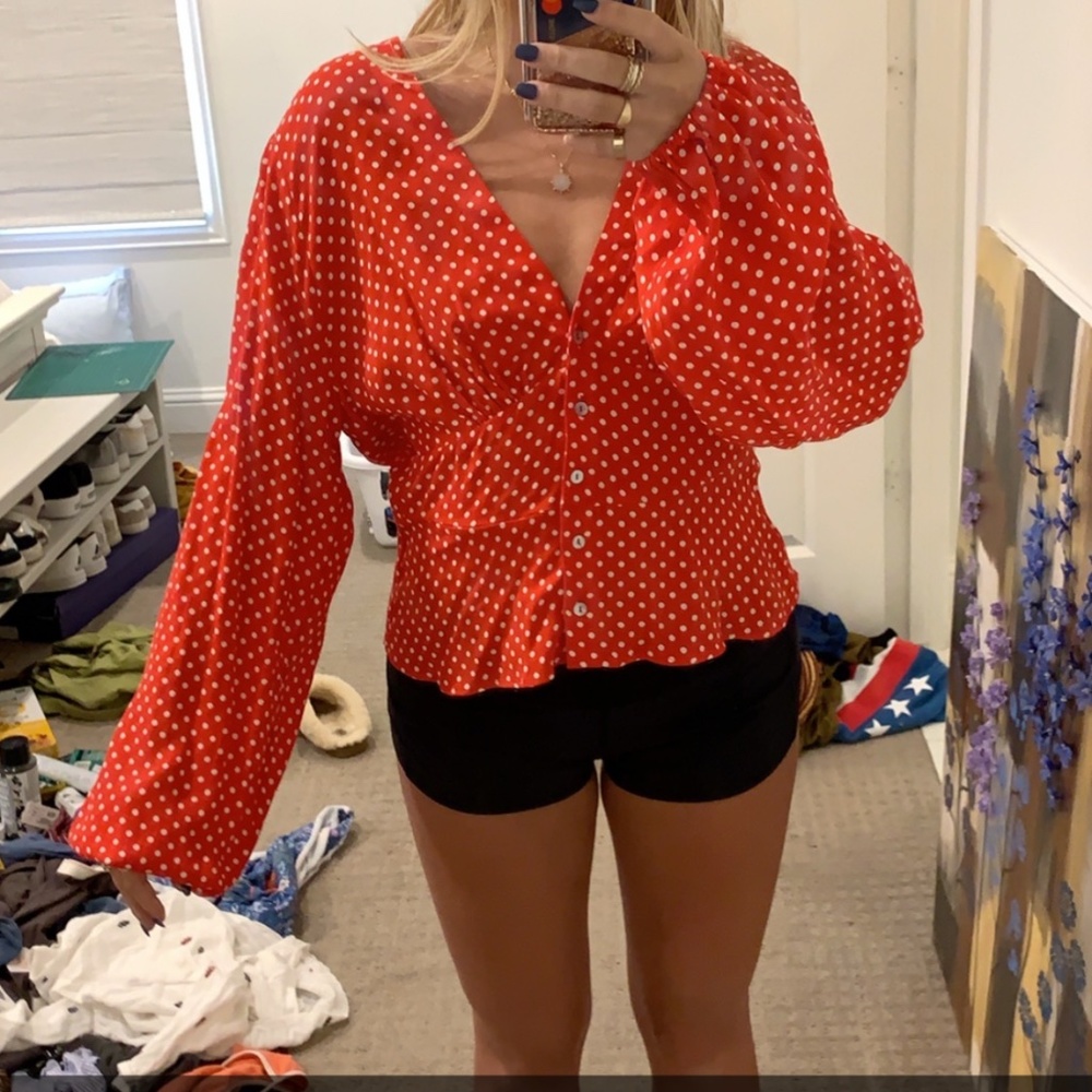 Free people red & white polka dot blouse